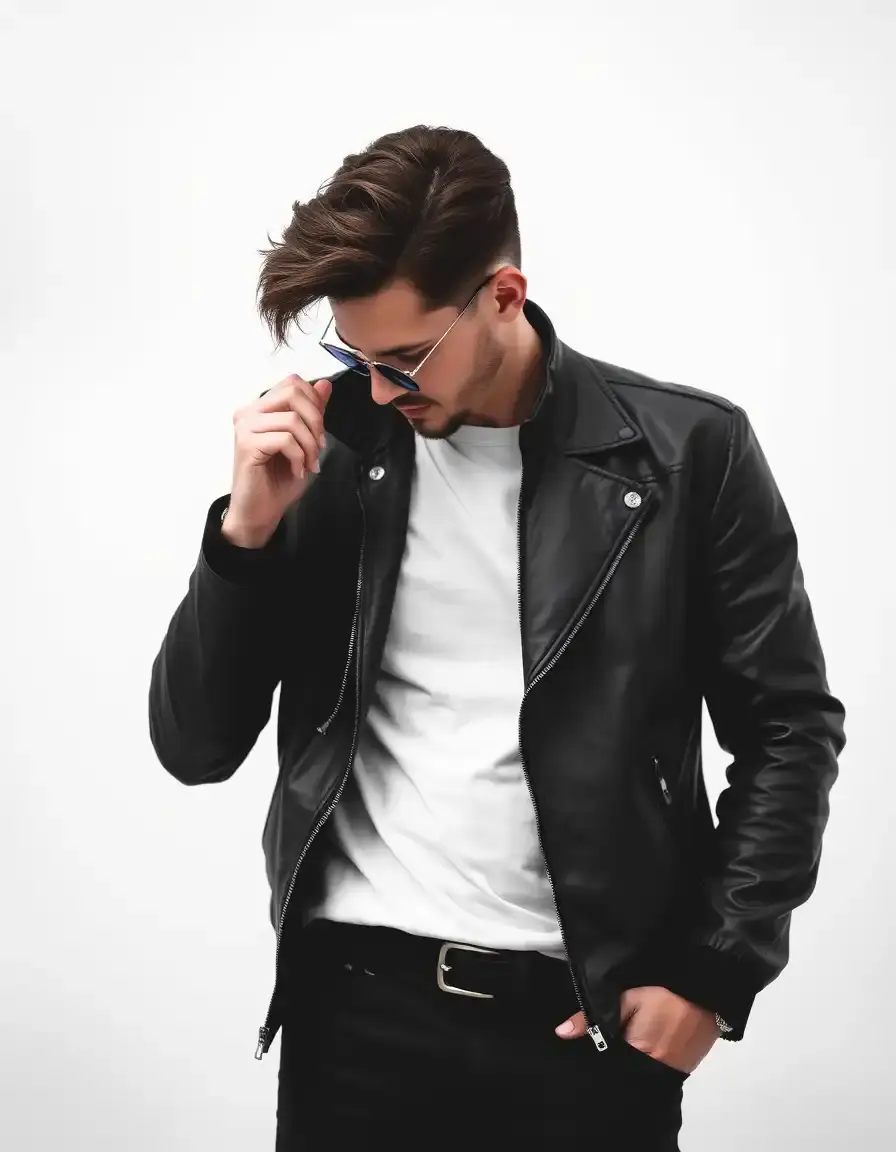 Veste en cuir noir pour homme sur fond blanc, style minimaliste