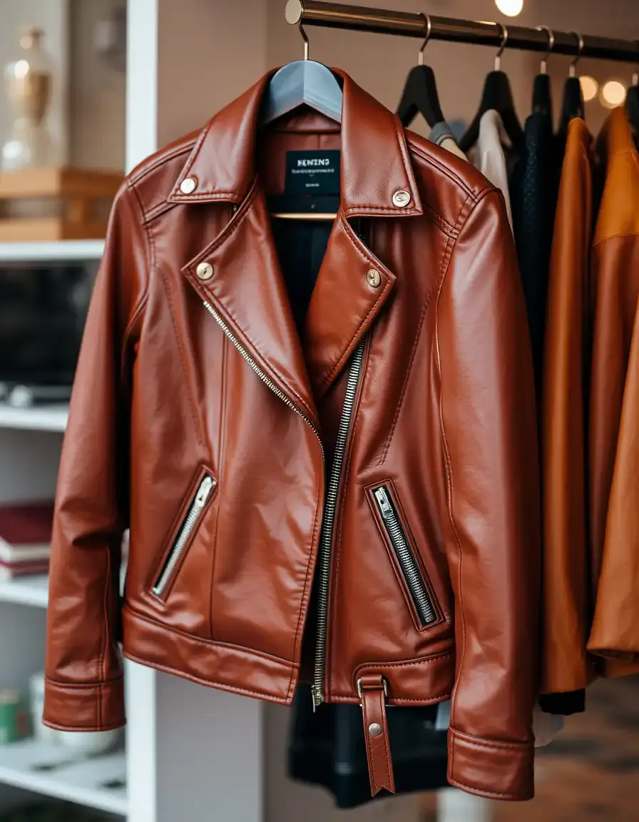 Veste en cuir marron pour femme suspendue, texture souple
