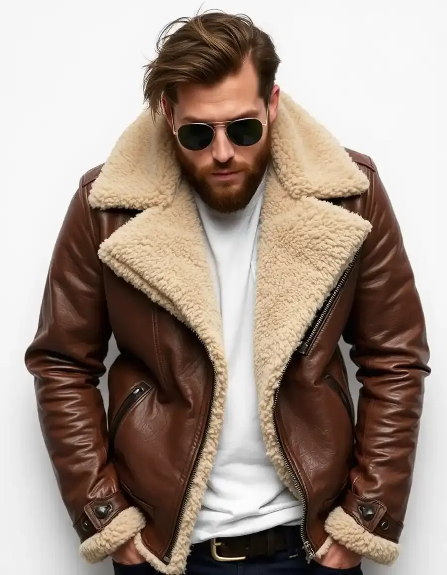 Blouson aviateur en cuir avec col en fourrure, style vintage militaire