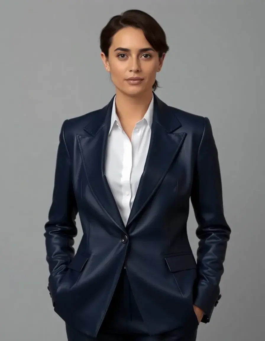 Blazer élégant en cuir bleu marine, style professionnel moderne