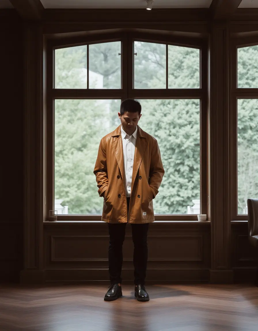 Manteau long trench en cuir marron