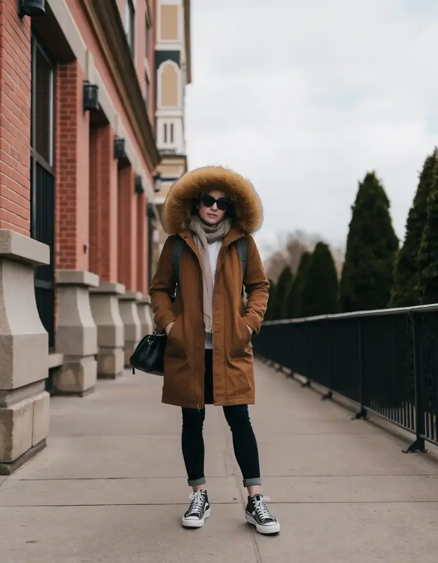 Parka longue en cuir marron avec capuche