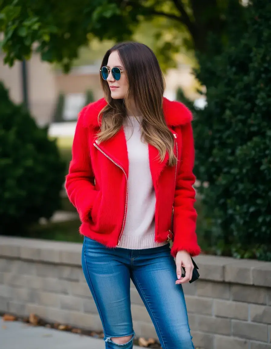 Veste en simili cuir rouge vif pour femme style audacieux
