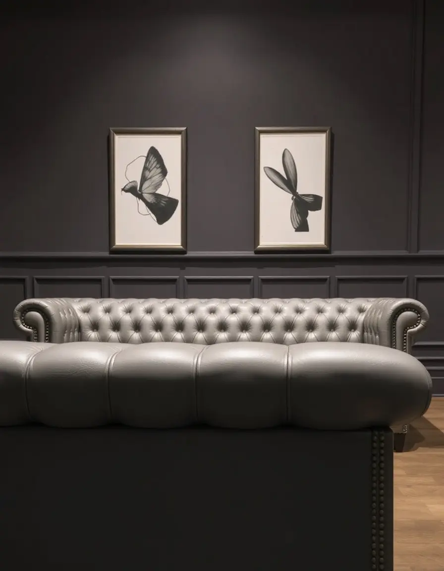 Canapé capitonné en cuir gris style chesterfield