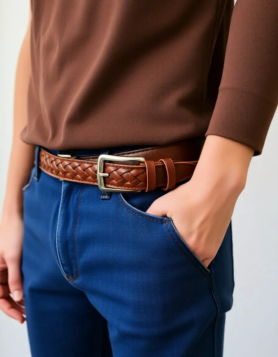 Ceinture tressée en cuir véritable marron