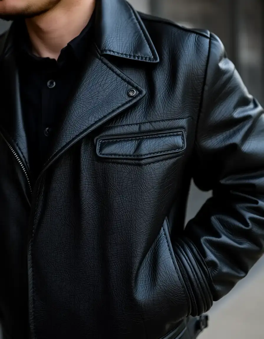 Veste en cuir noir classique pour homme avec finitions soignées