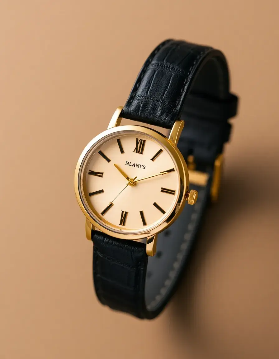 Montre vintage femme bracelet cuir noir et boitier doré