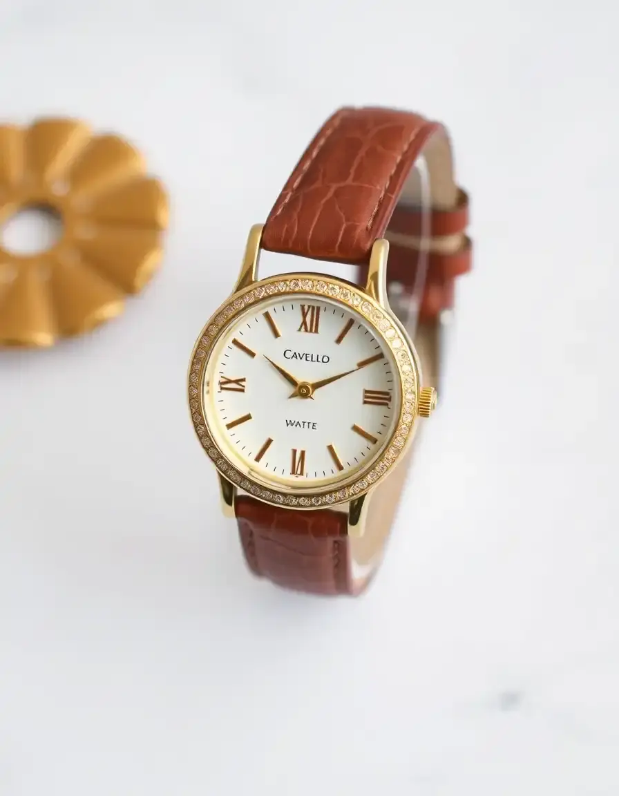 Montre luxe femme bracelet cuir embossé doré