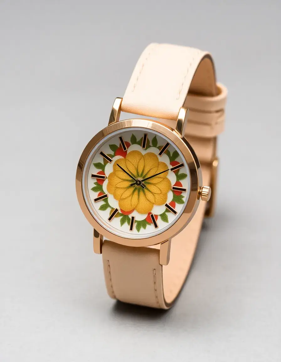 Montre casual femme bracelet cuir beige motif floral