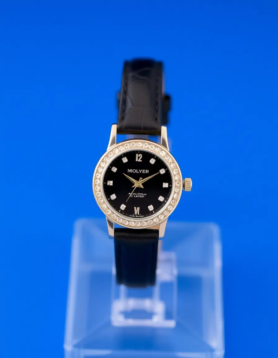 Montre designer femme bracelet cuir noir et strass