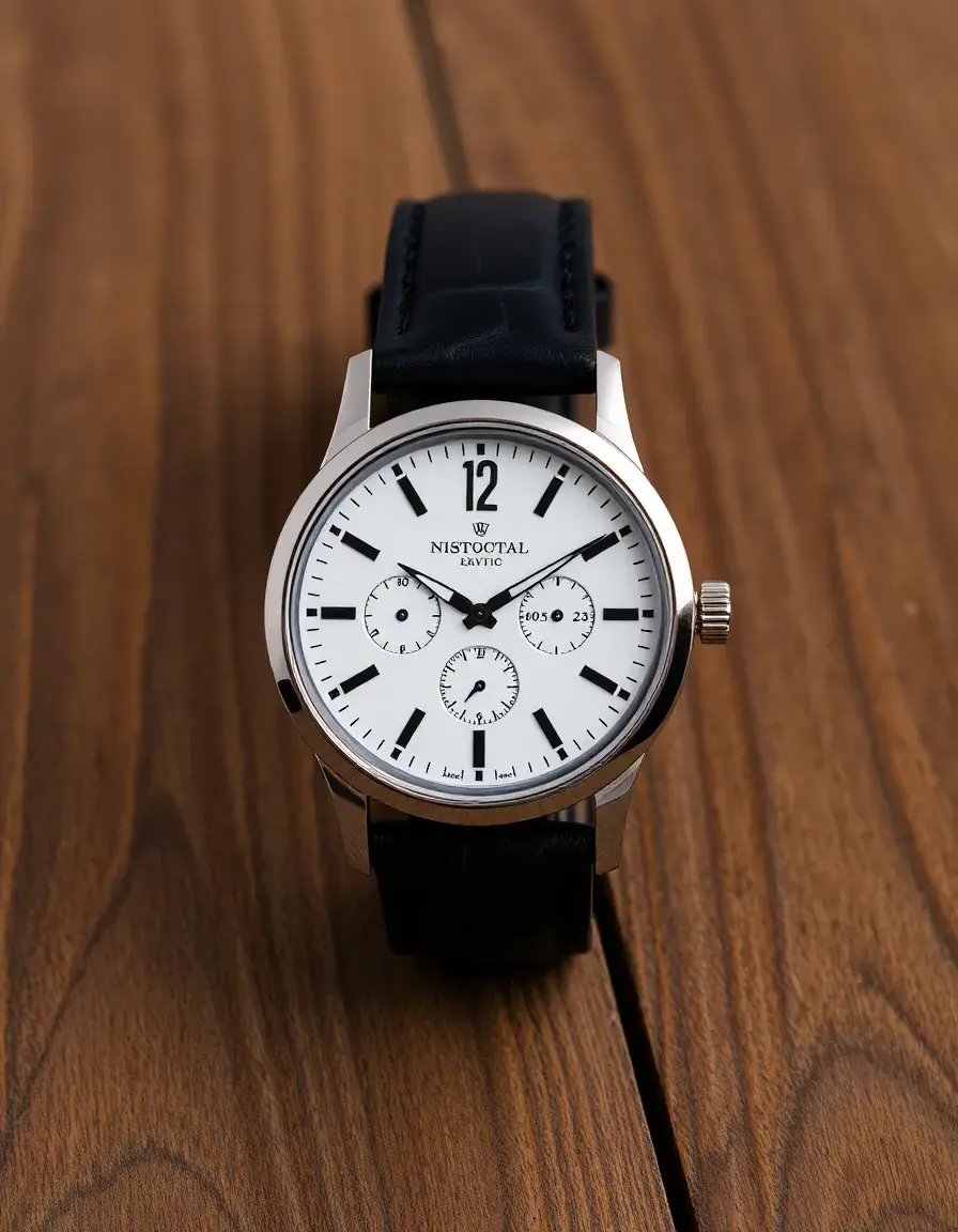Montre automatique homme bracelet cuir noir sur surface en bois
