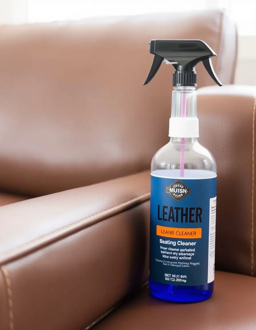 Spray de nettoyage pour canapé cuir à côté d'un sofa