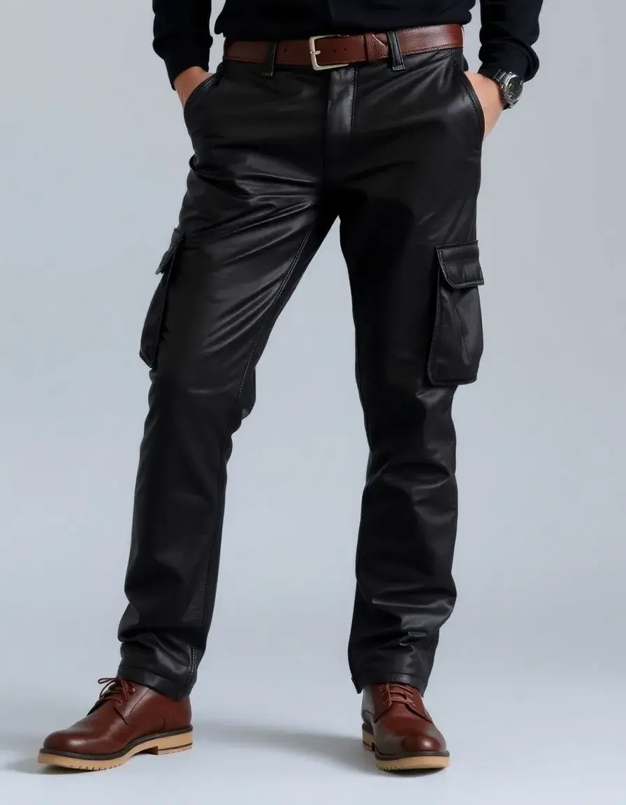 Pantalon cargo style cuir avec poches