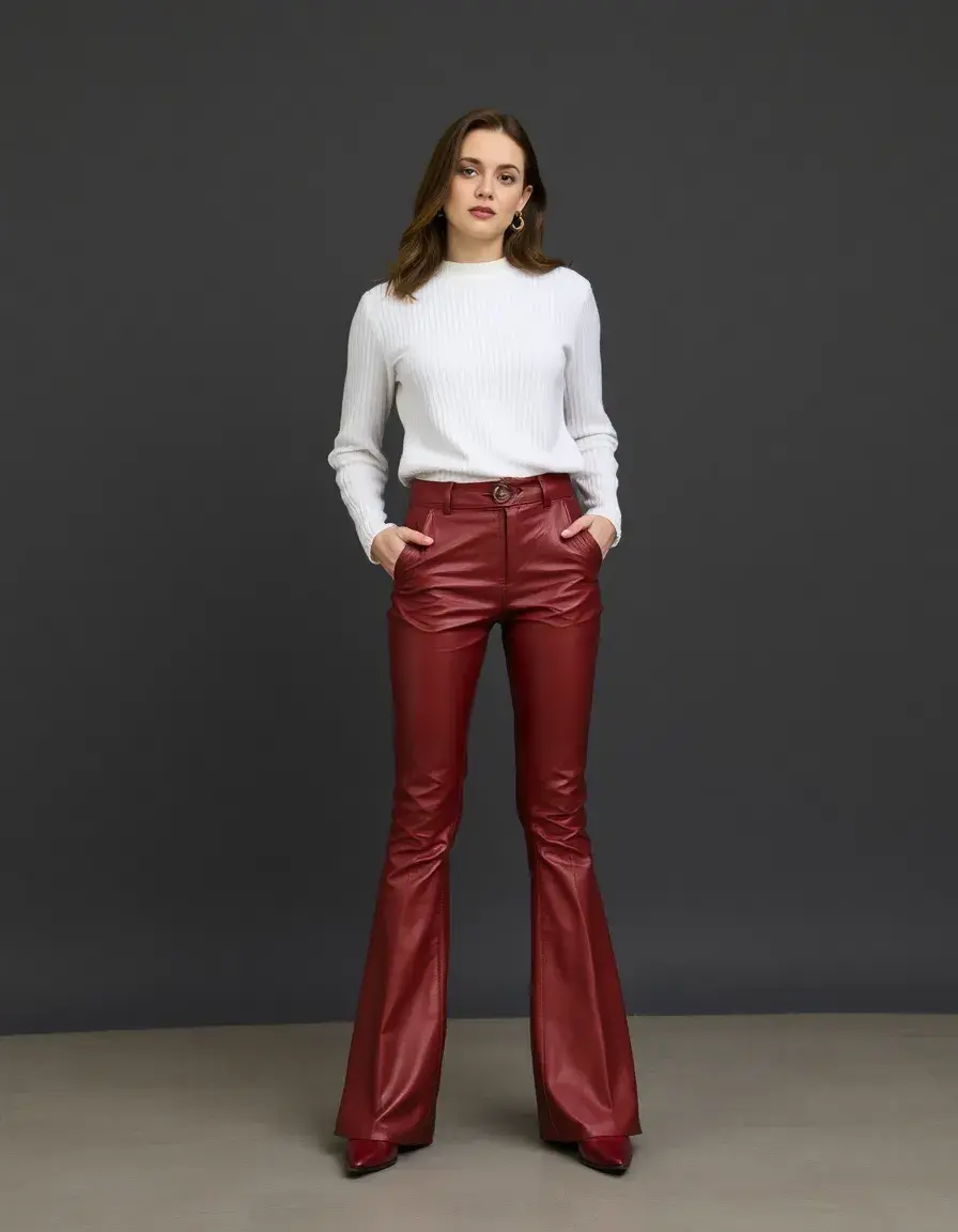 Pantalon évasé en cuir rouge pour femme