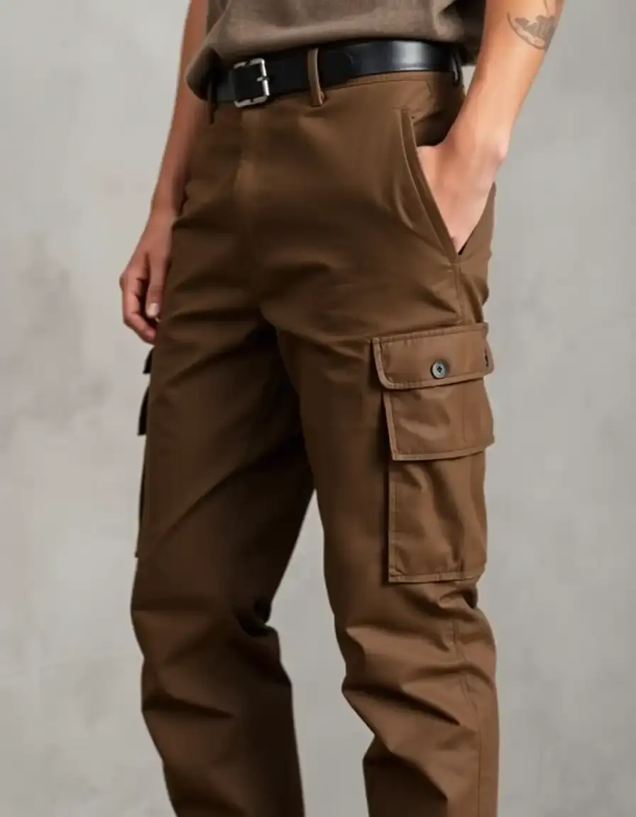 Pantalon cargo en cuir kaki avec poches multiples