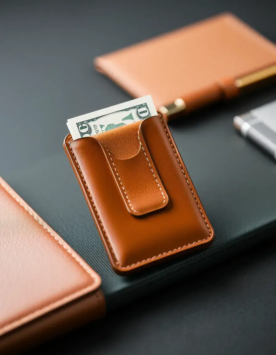 Porte-carte en cuir vert avec pince à billets intégrée