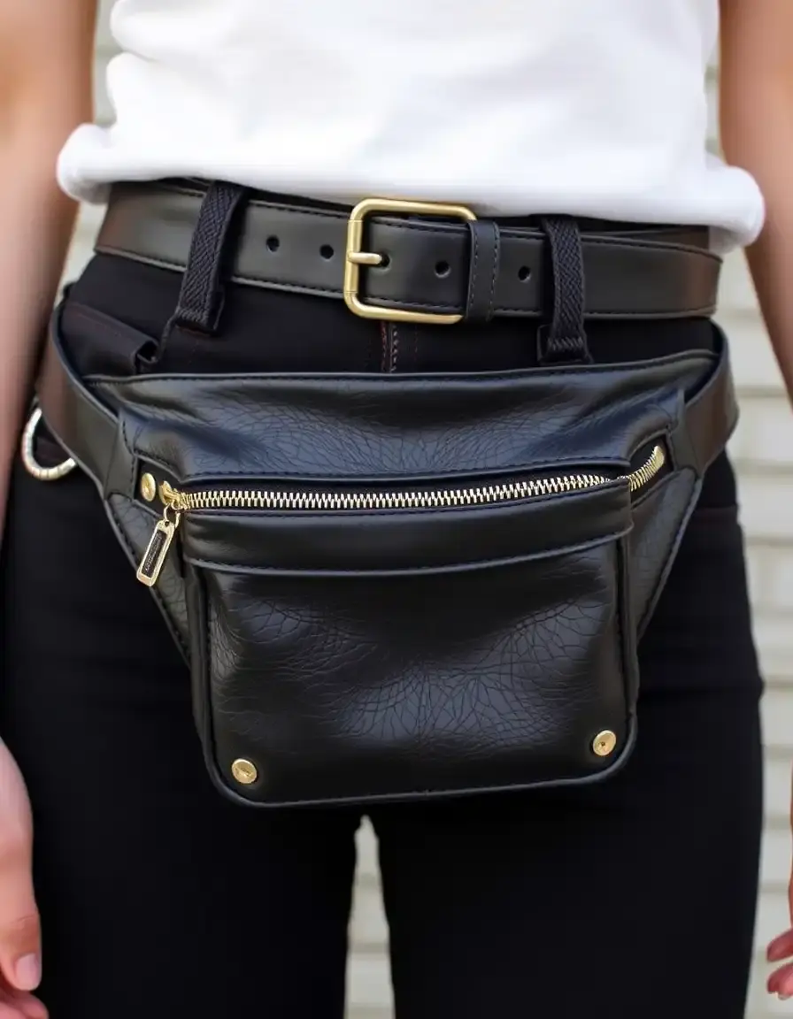 Sac banane cuir noir porté à la taille élégant