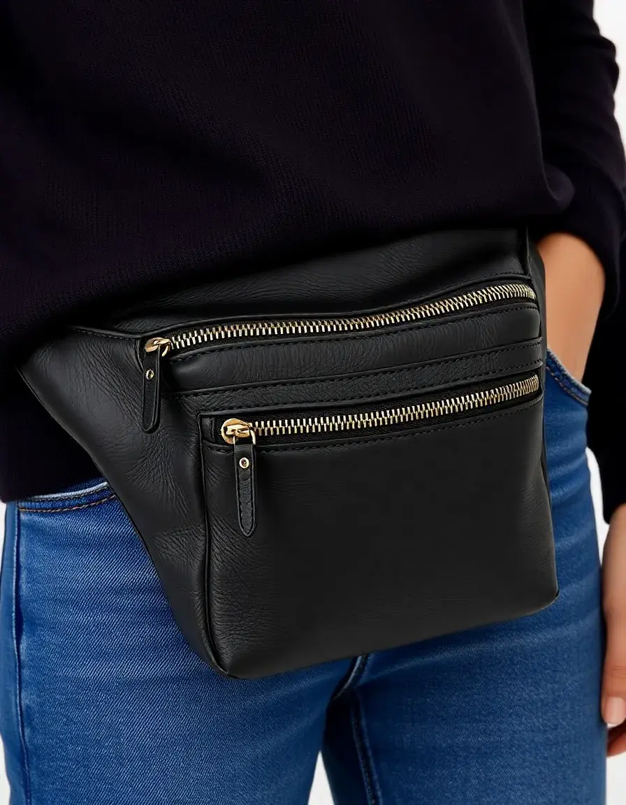 Sac banane cuir noir avec plusieurs fermetures éclair