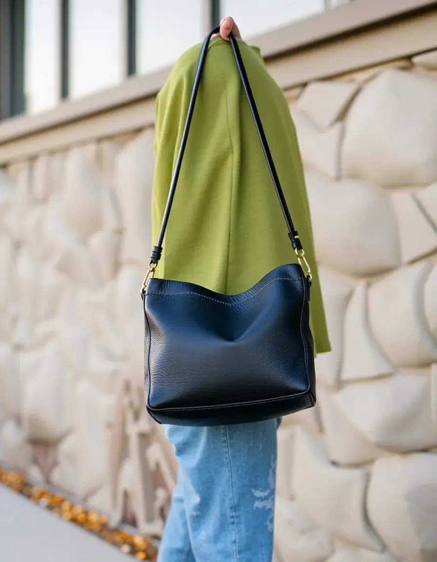 Petit sac bandoulière en cuir noir porté par un modèle