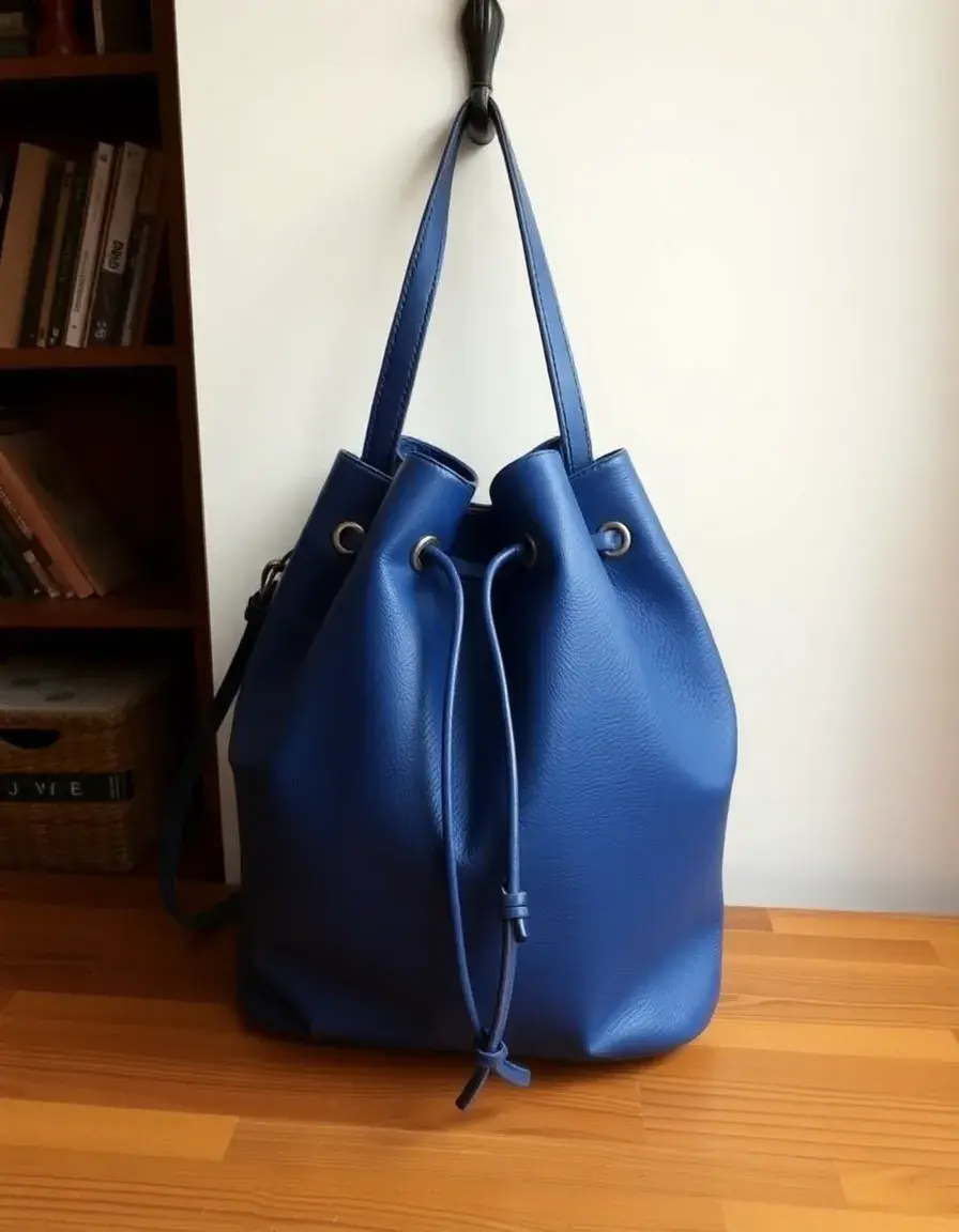 Sac seau en cuir bleu bandoulière
