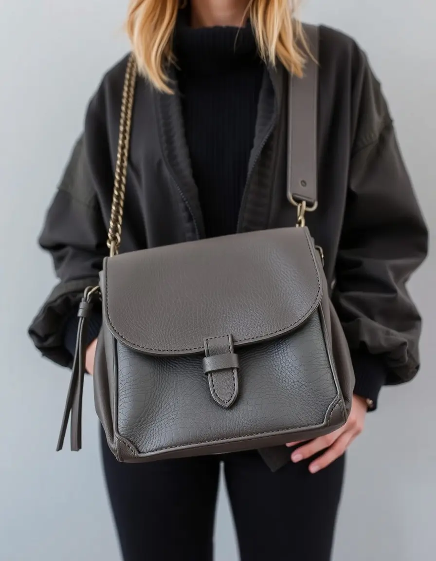 Grand sac bandoulière en cuir gris oversized
