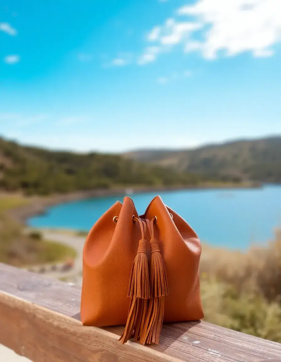Sac bandoulière en cuir marron avec pompons décoratifs