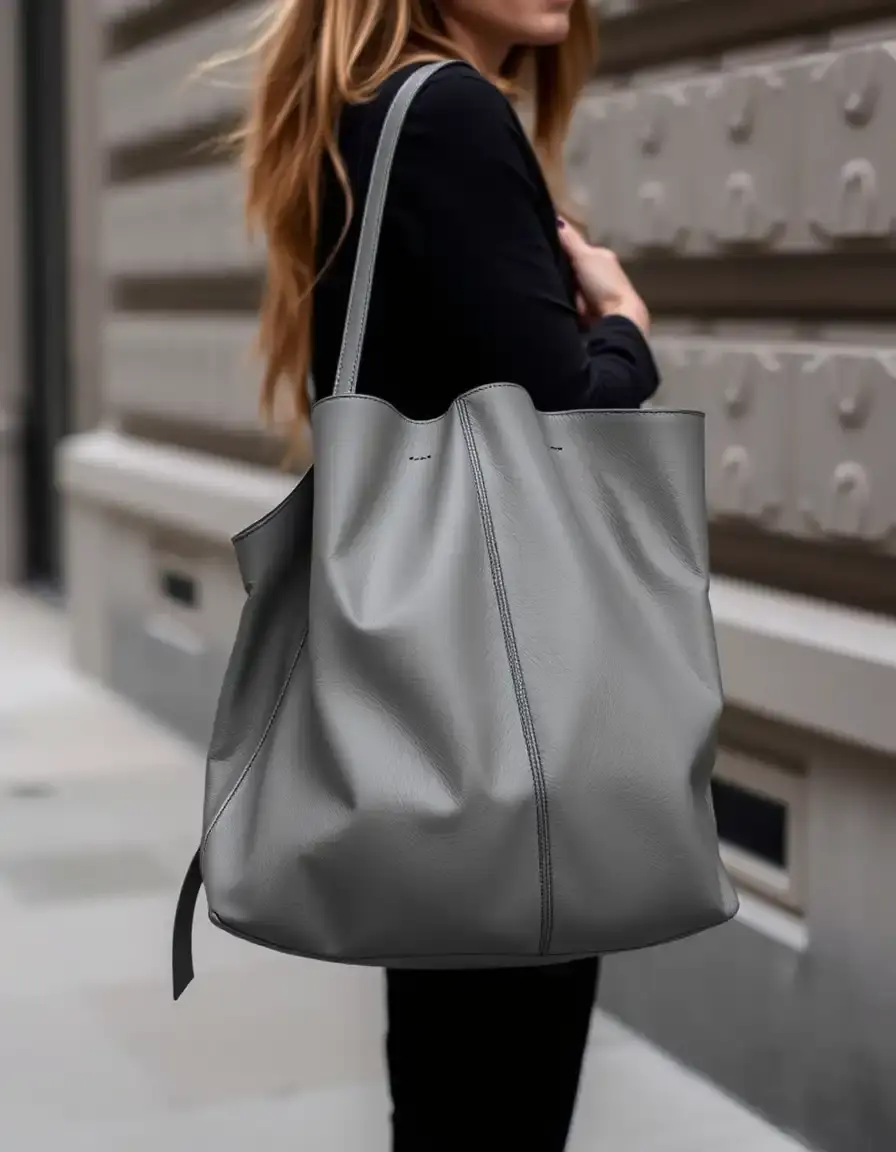 Grand sac bandoulière en cuir gris