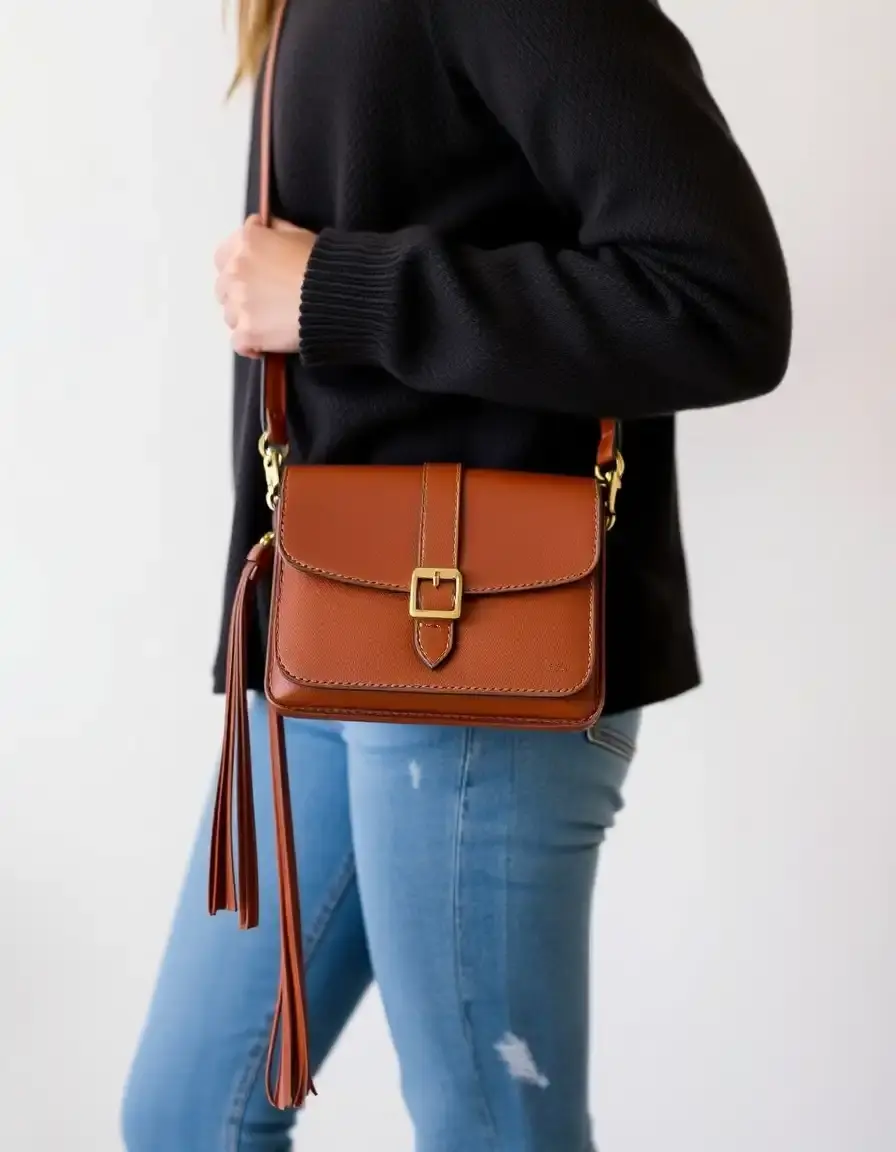 Sac portefeuille bandoulière en cuir marron