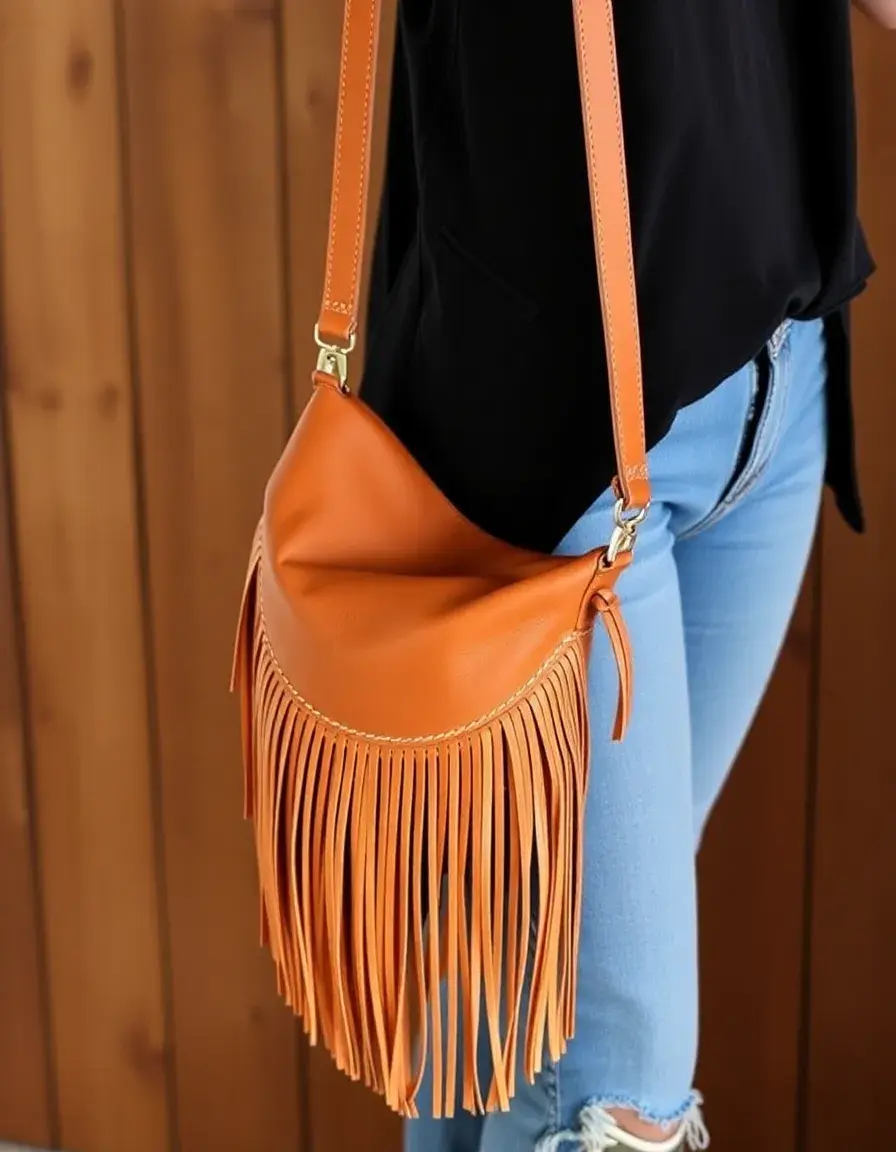 Sac bandoulière cuir tan avec franges style bohème