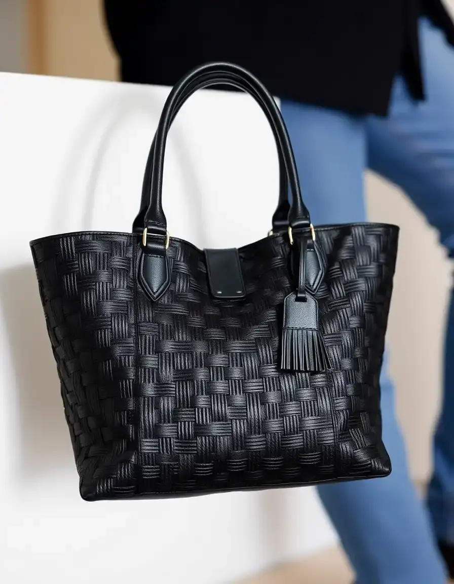 Grand sac cabas noir en cuir tressé souple
