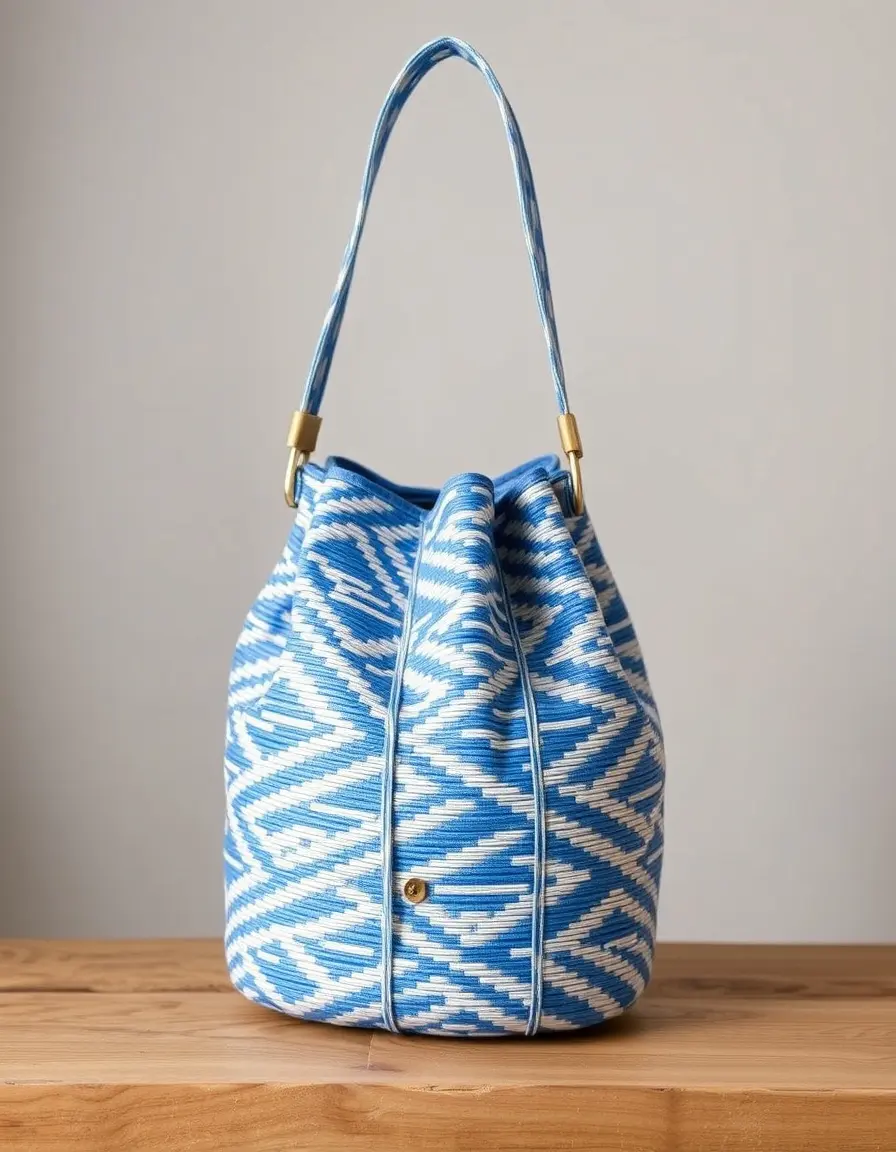 Sac seau bleu en cuir tressé original