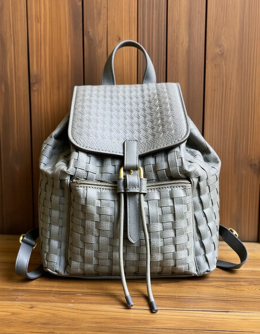 Sac à dos gris élégant avec panneau cuir tressé
