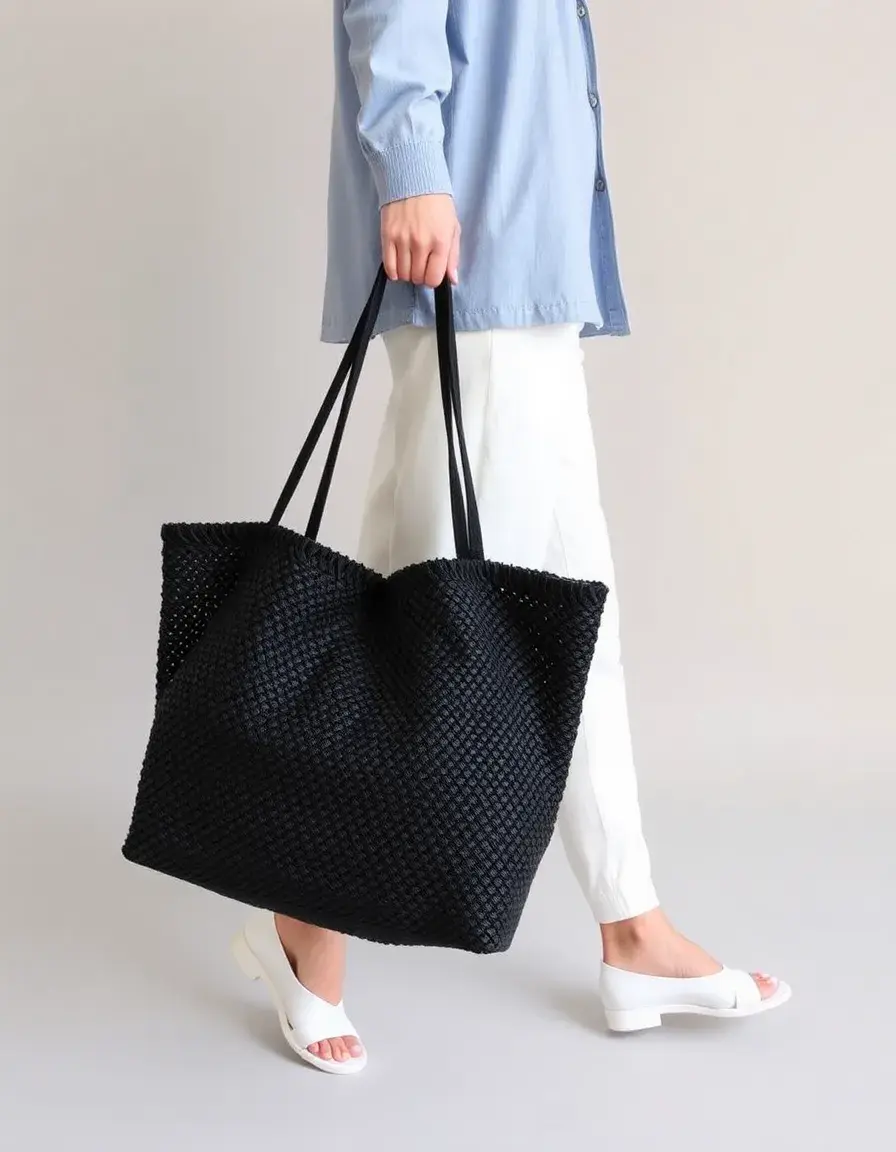 Grand sac de shopping noir cuir tressé large
