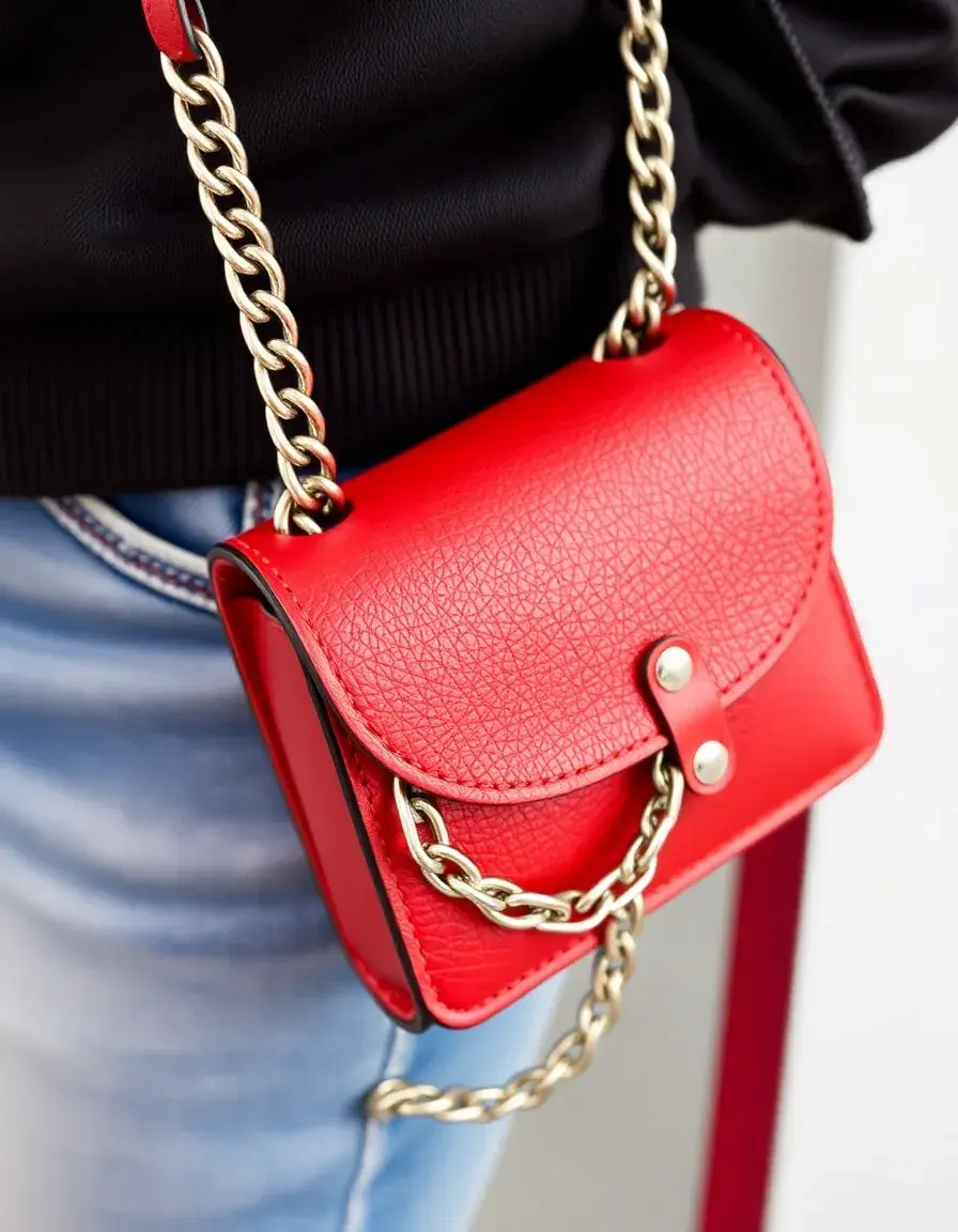 Sac en cuir rouge avec bandoulière en chaîne dorée