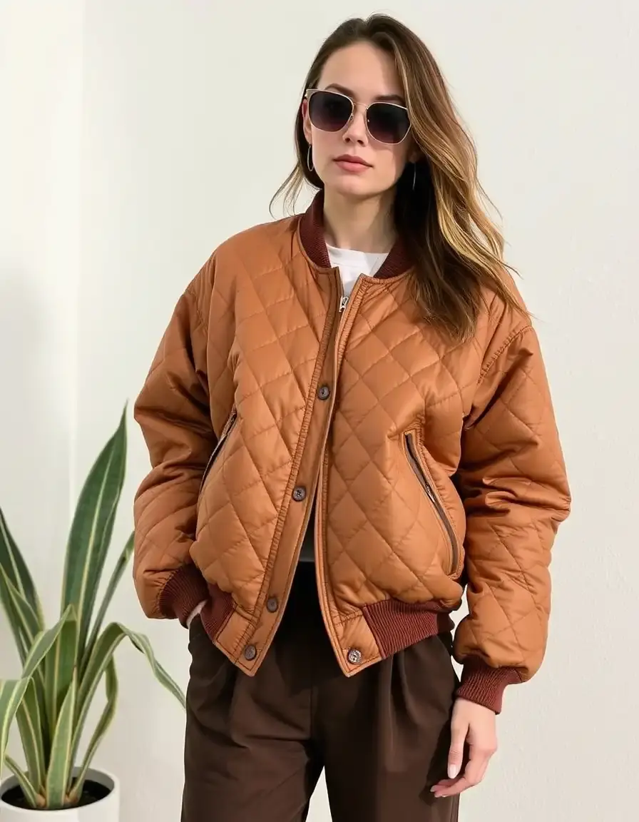 blouson cuir marron matelassé femme