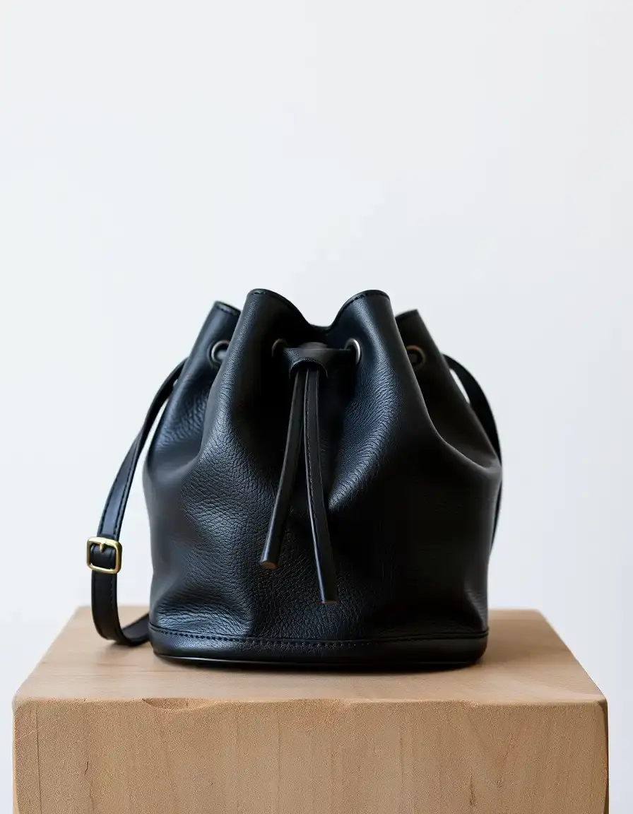 Sac seau en cuir noir souple avec lien de serrage