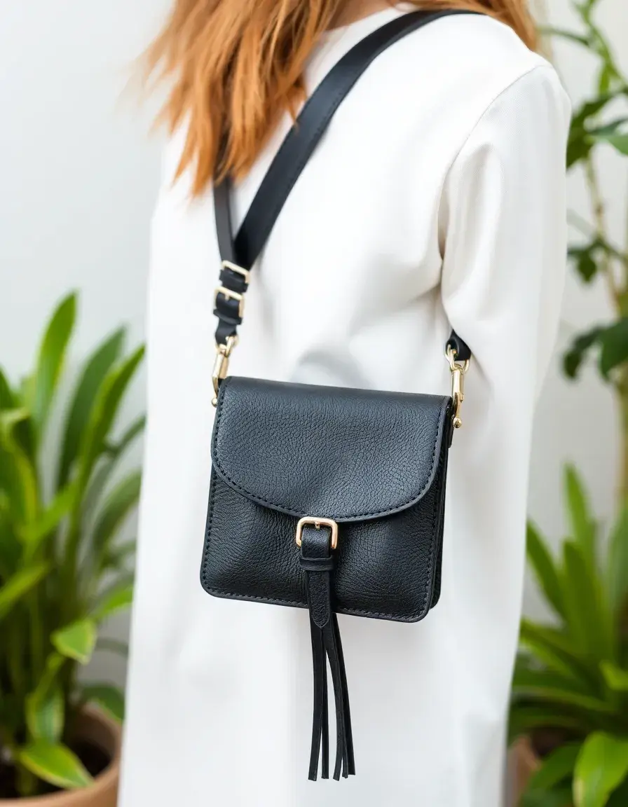 Sac bandoulière en cuir noir avec sangle réglable et finitions soignées