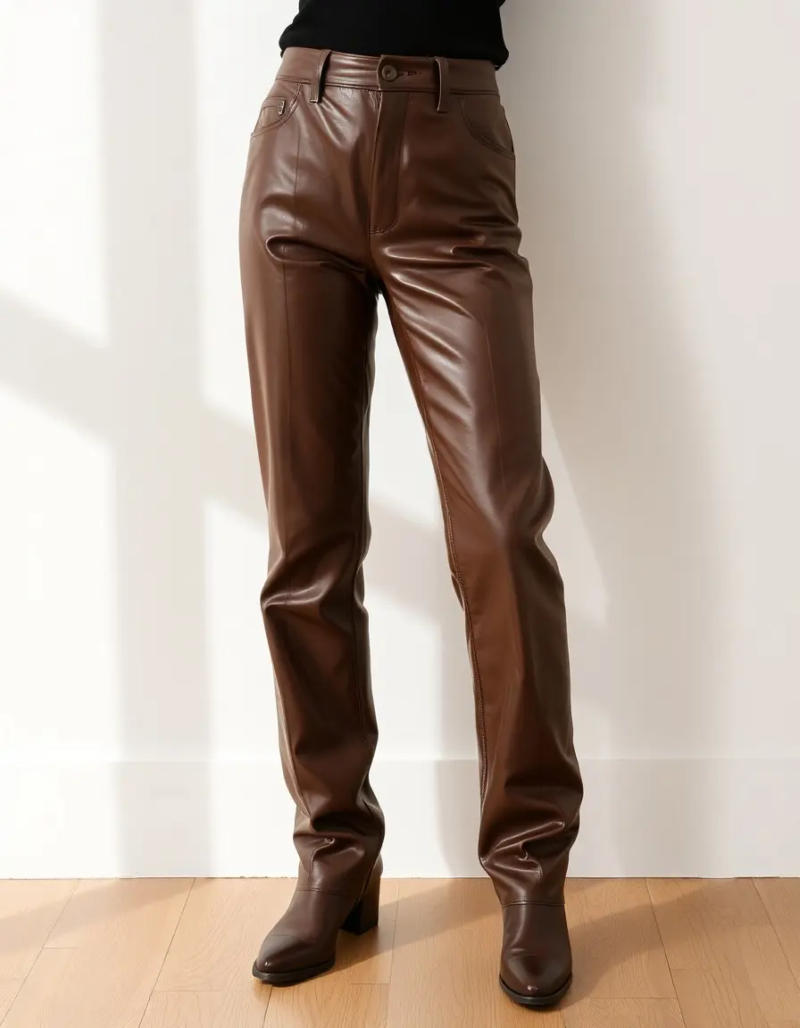 Pantalon en cuir marron coupe droite