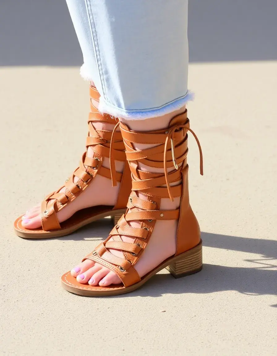 Sandales style gladiateur en cuir tan pour femme