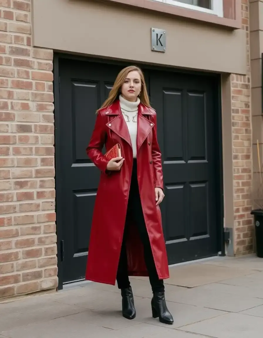 Manteau long en cuir rouge élégant pour femme