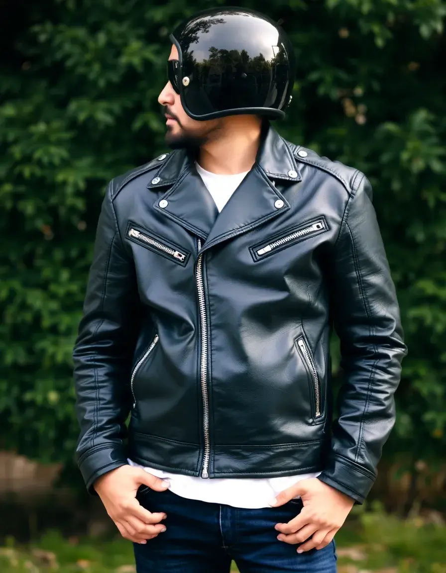 Veste de moto en cuir noir pour homme style classique