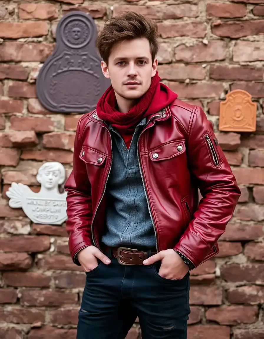 Manteau long en cuir rouge aspect robuste