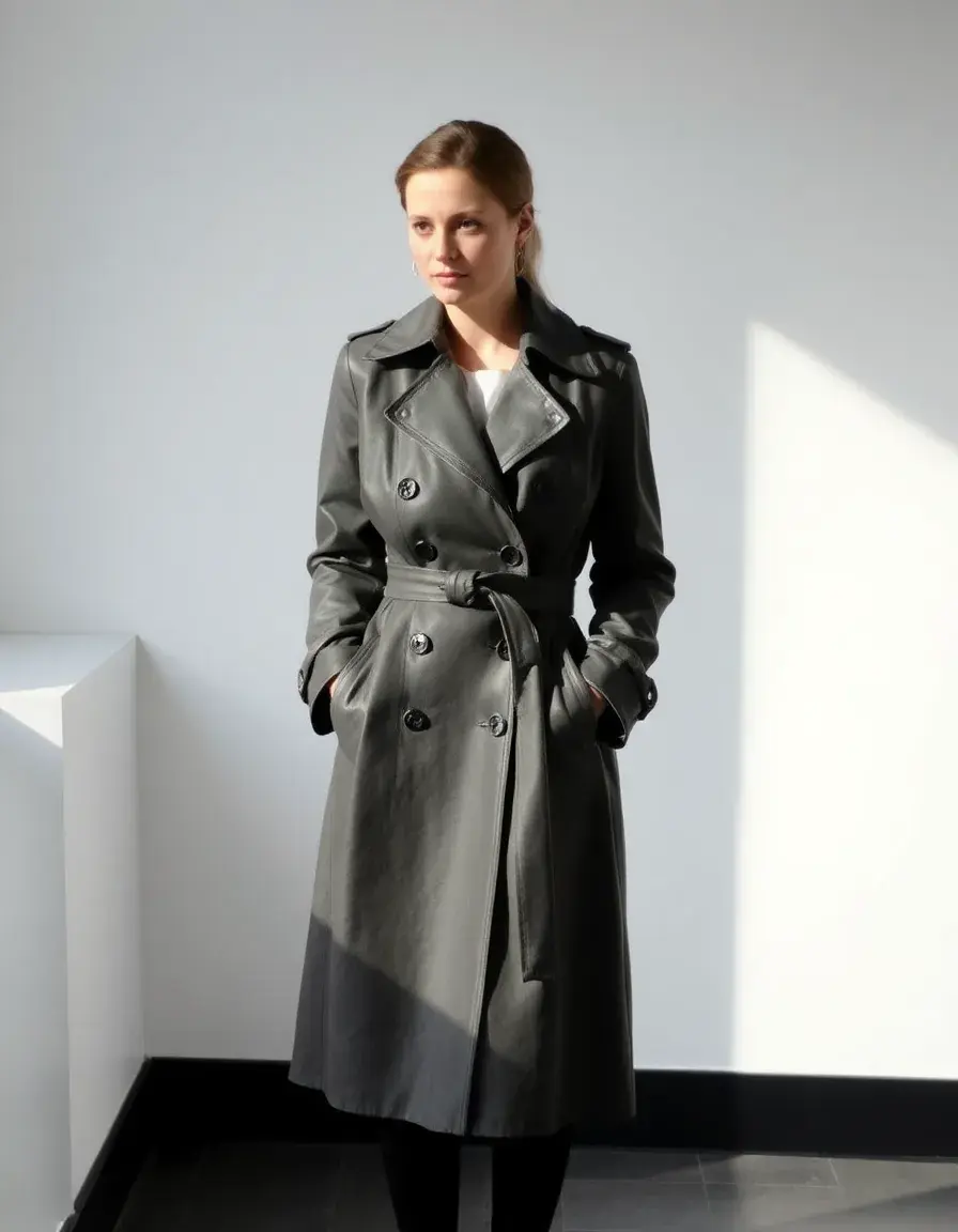 Trench-coat long en cuir gris pour homme