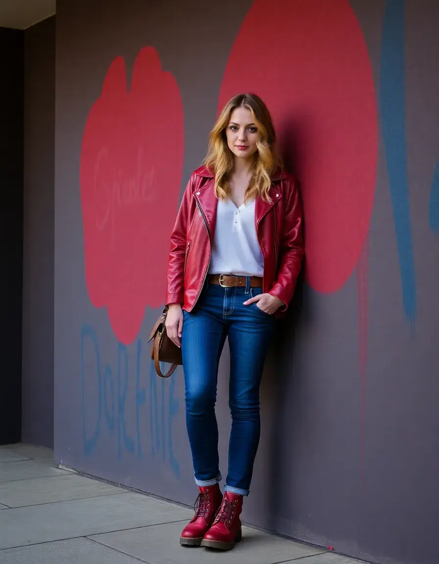 Blouson cuir rouge style robuste