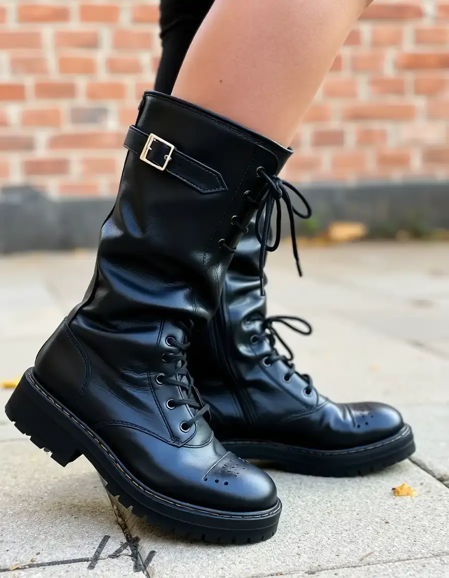 Bottes de moto en cuir noir robuste avec boucles