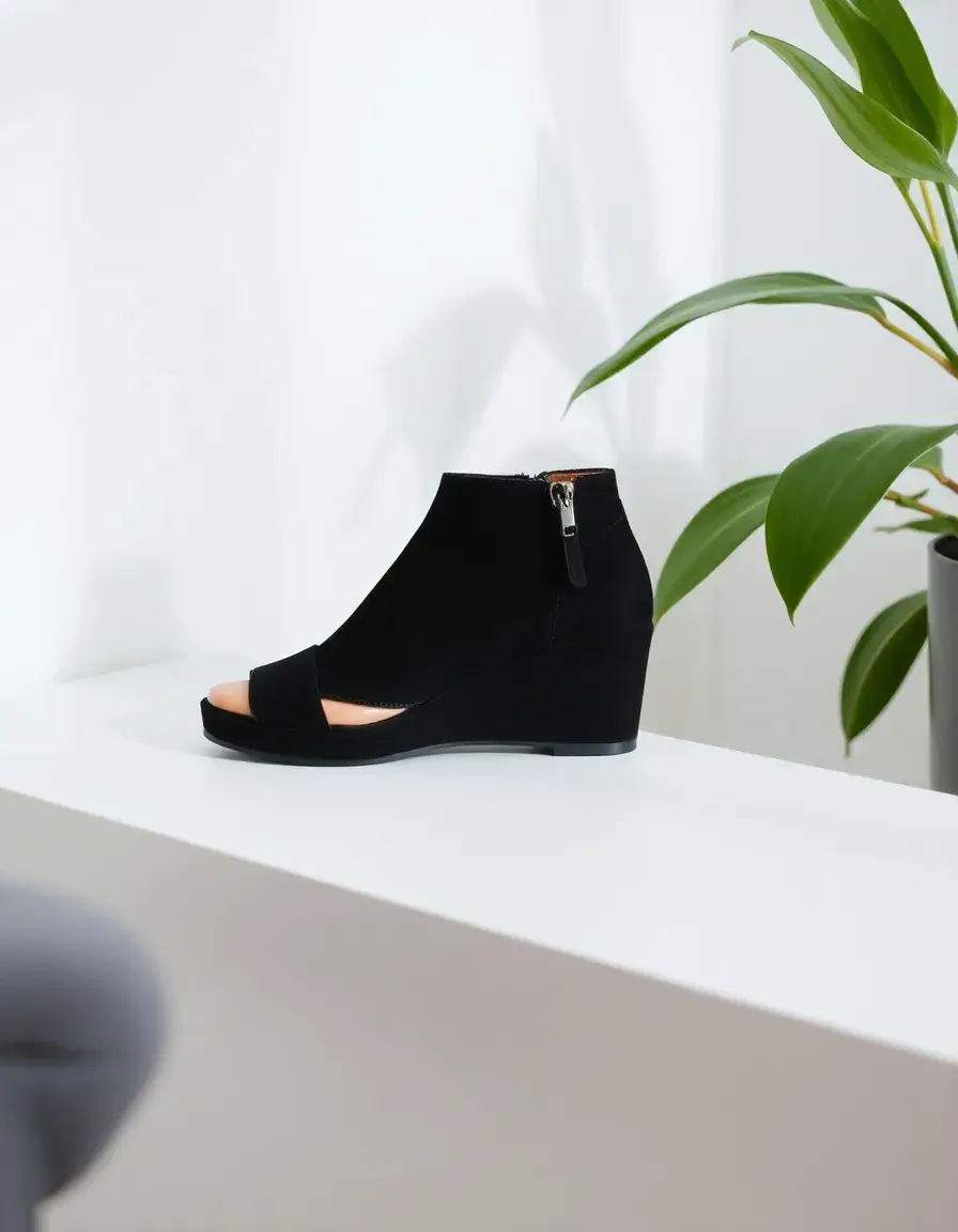 Bottine cuir noir talon compensé