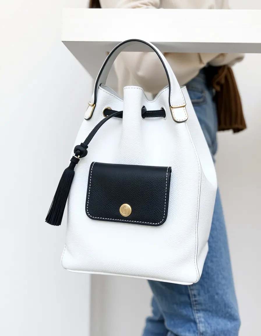 Sac seau en cuir blanc pour femme, design moderne et épuré