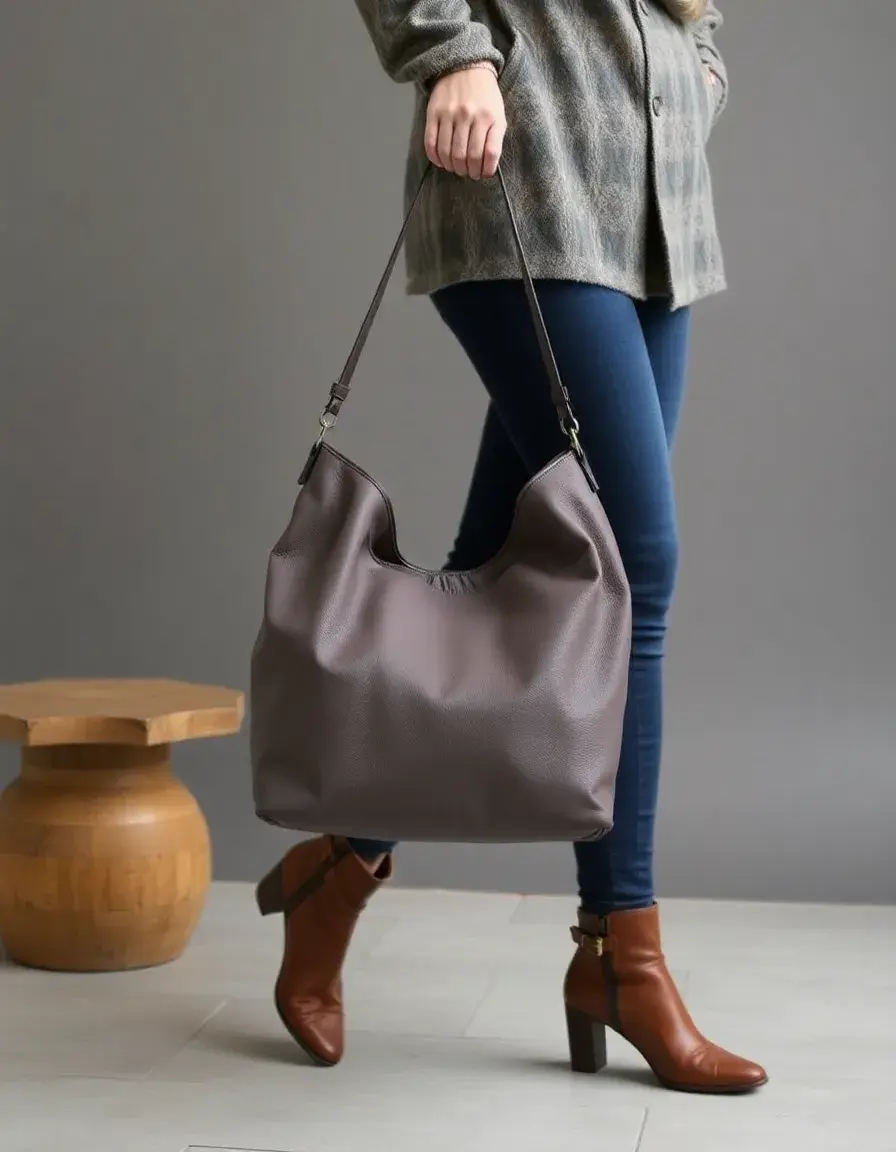 Sac hobo souple en cuir gris, porté épaule pour femme