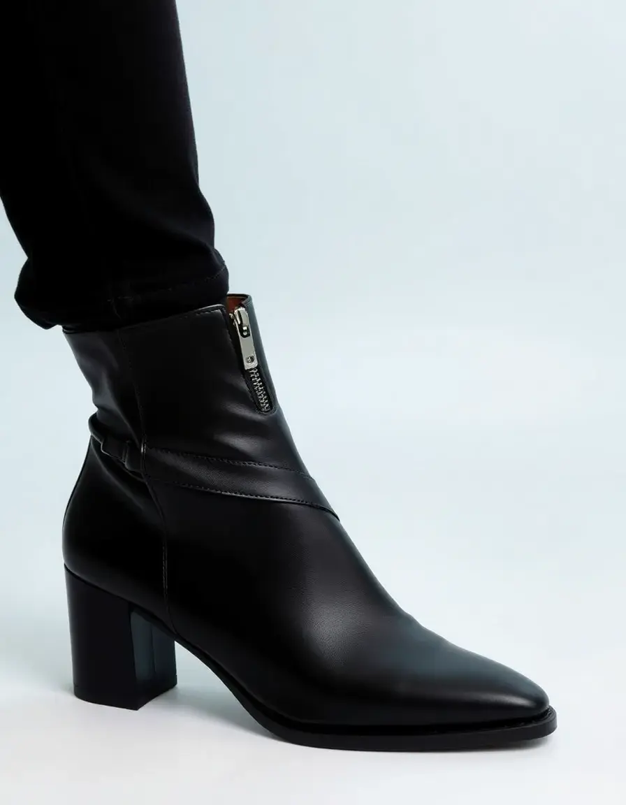 Bottine noir cuir avec fermeture éclair latérale élégante