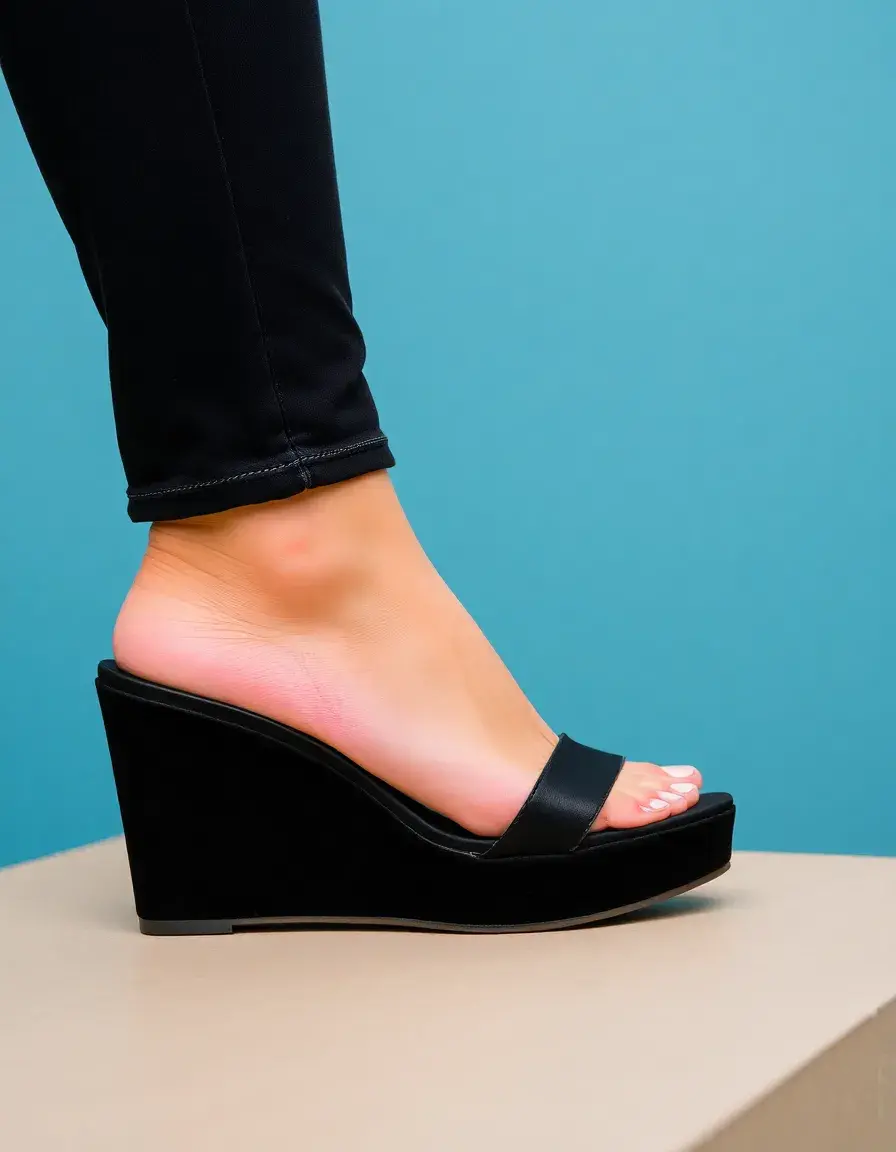 Bottine noir en cuir à talon compensé